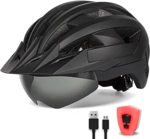 Adult Bike Helmet with Visor and Goggles for Men Women Mountain Road Bicycle Helmet Rechargeable Rear Light Cycling Helmet