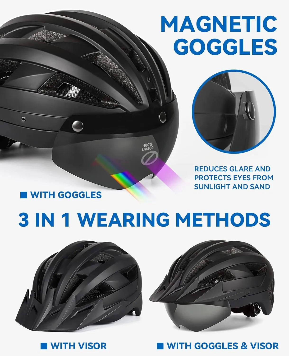 Adult Bike Helmet with Visor and Goggles for Men Women Mountain Road Bicycle Helmet Rechargeable Rear Light Cycling Helmet