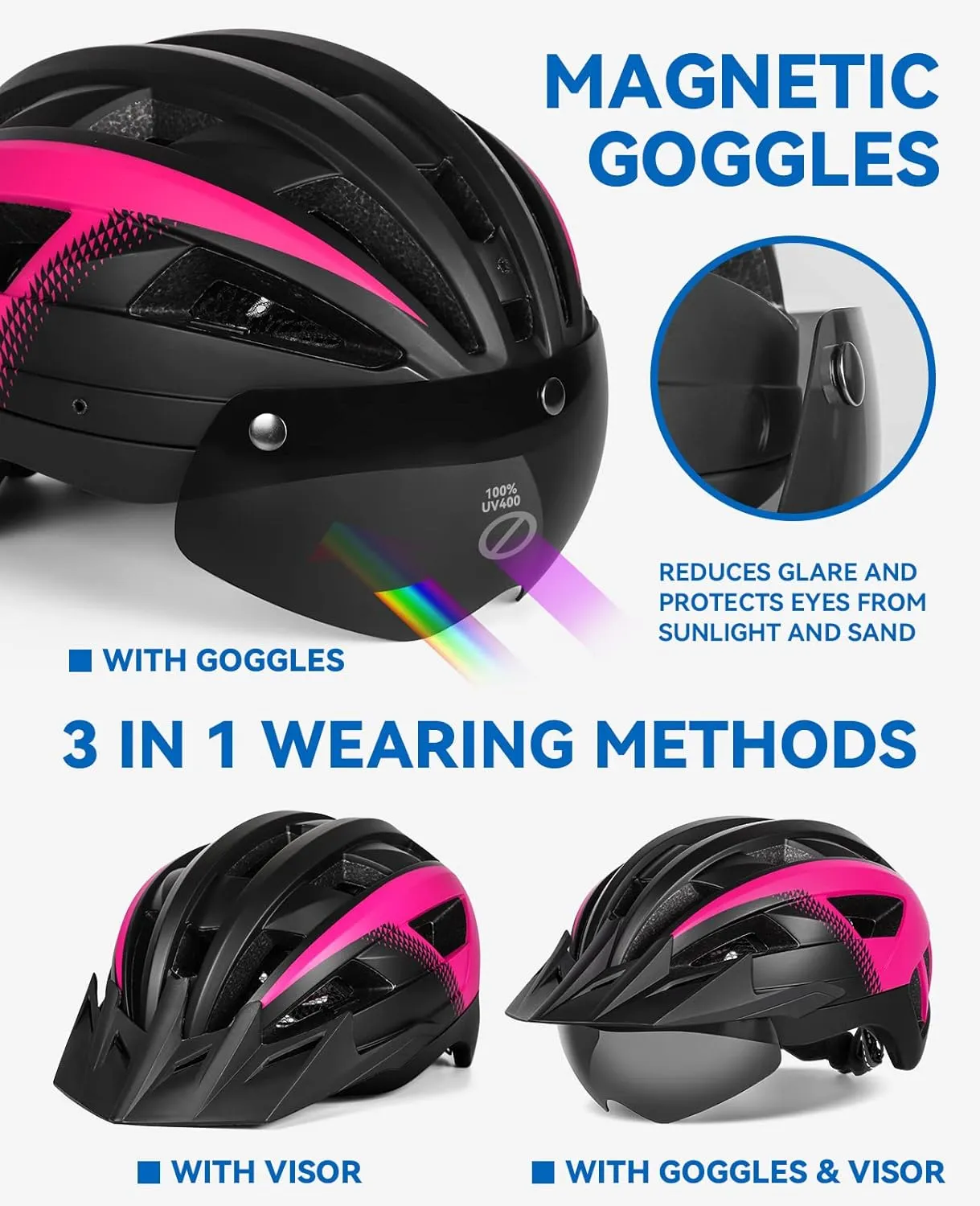 Adult Bike Helmet with Visor and Goggles for Men Women Mountain Road Bicycle Helmet Rechargeable Rear Light Cycling Helmet