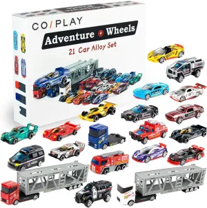 Adventure Wheels 21-Car Alloy Set, Toy Cars for Kids, Metal Material, Die Cast Metal Toy Cars Set,Small Cars for Toddlers 6-10 for Boys and Girls Birthday Party