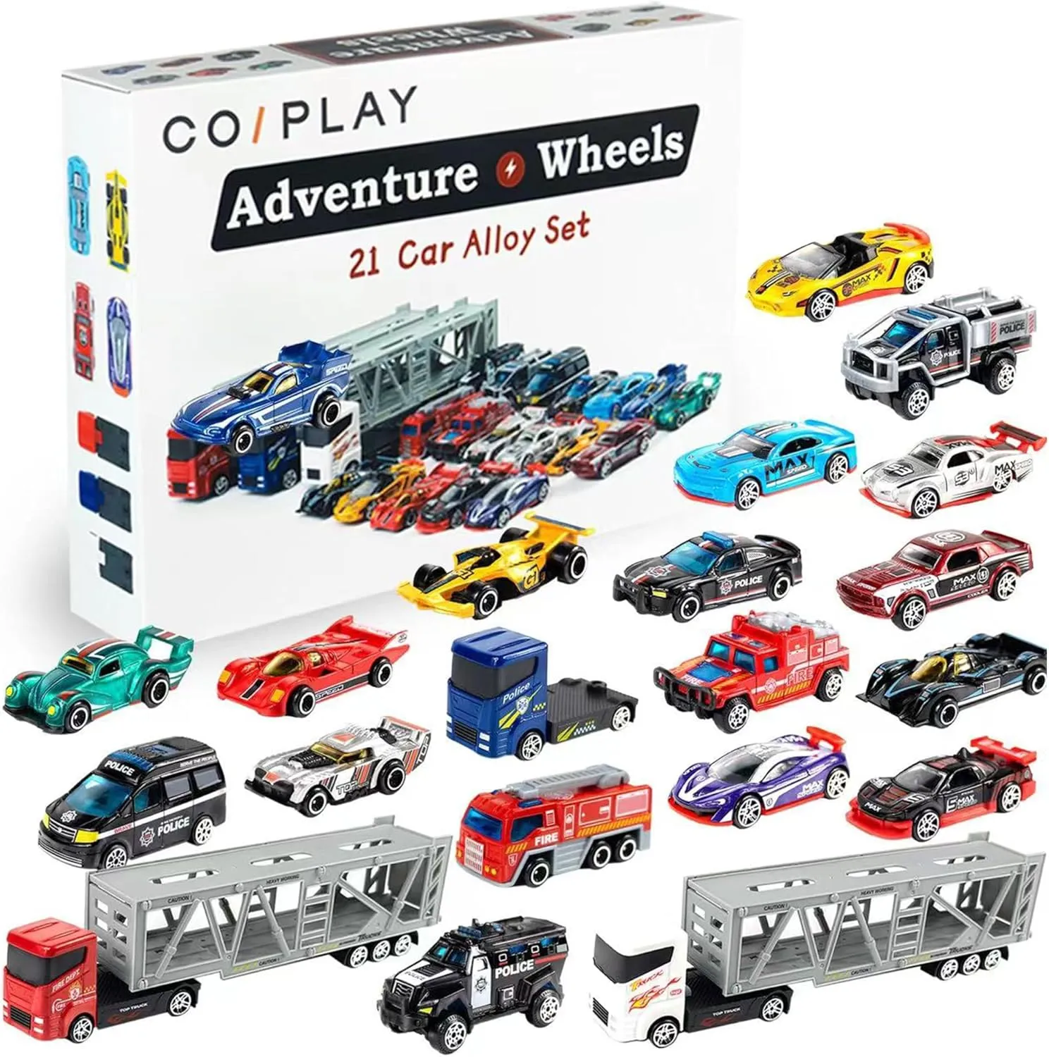 Adventure Wheels 21-Car Alloy Set, Toy Cars for Kids, Metal Material, Die Cast Metal Toy Cars Set,Small Cars for Toddlers 6-10 for Boys and Girls Birthday Party