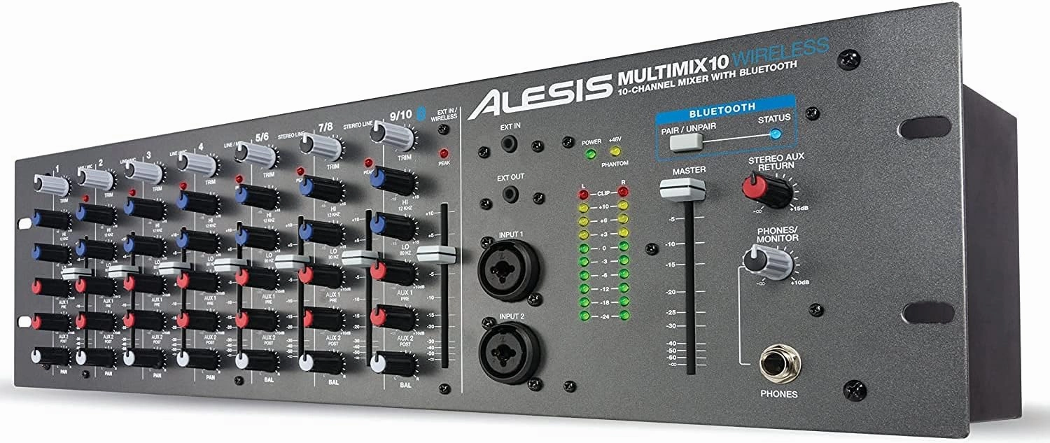 Alesis MultiMix 10 Wireless - 10-Channel Rackmount Audio Mixer With Bluetooth, 4 Jack / XLR High-Headroom Inputs, 2 Band EQ per Channel & Aux Sends