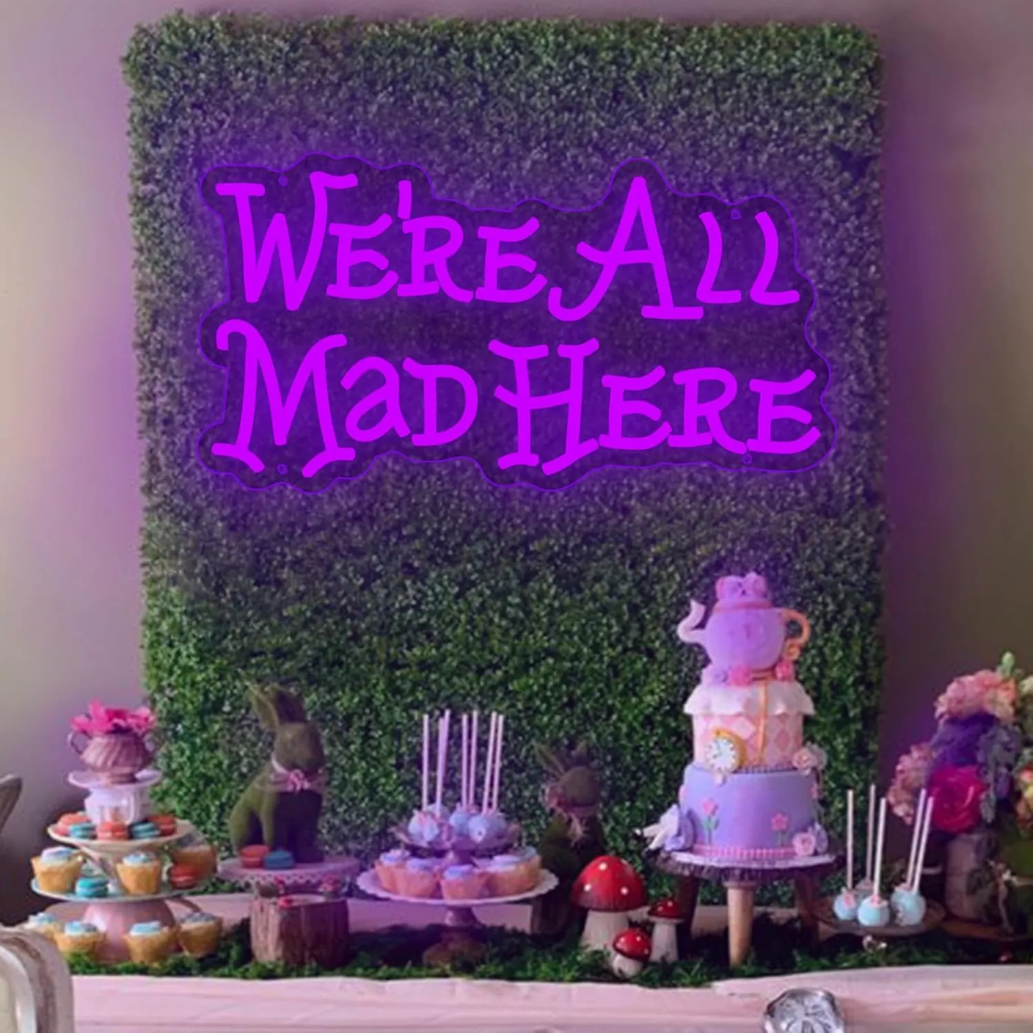 Alice in Wonderland Party Decorations Neon Sign,We're All Mad Here Neon Signs for Wall Decor,Mad Hatter Tea Party Neon Lights for Dimmable LED Lights,for Bedroom Bar Home Dorm Birthday Gifts