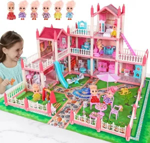 ALLROAD Dollhouse House, Pink Doll House Playset Toy 6 Dolls with Accessories and Furniture for Little Girls Toddler Playhouse Gift for Girl Ages 4 5 6 Year Old Girls (31" x 28" x 19")