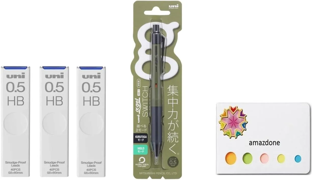 amazdone uni Alpha Gel switch 0.5mm Mechanical Pencil, dark olive Body (M51009GG1P.18)  uni Mechanical Pencil Lead,The Uni Smudge-Proof Leads 0.5mm HB 3 Set Sticky Notes