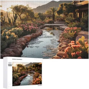 an Impossible Puzzle for Adults to Complete,Wooden Picture Puzzle Sunlit Desert Oasis A Cactus - Lined Waterway Leading to A Modern Residence Style-9 1000 PCS,challenging