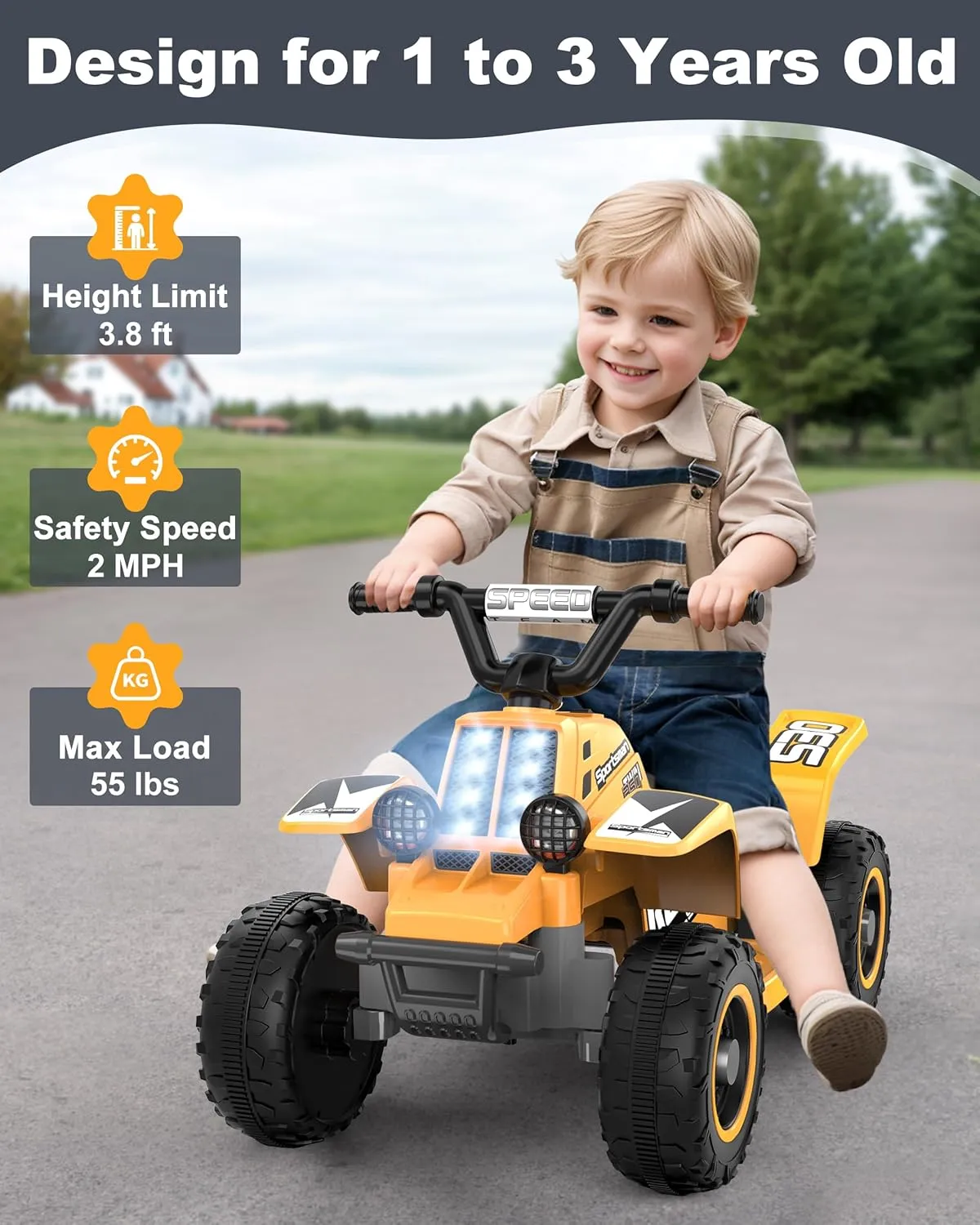 ANPABO 6V 7AH Kids ATV Ride On Toy, 4 Wheeler for Toddler w/Headlight, Forward & Reverse, Horn, Music Player, USB, MP3, Treaded Tires, Ideal Gift for Toddlers(Yellow)