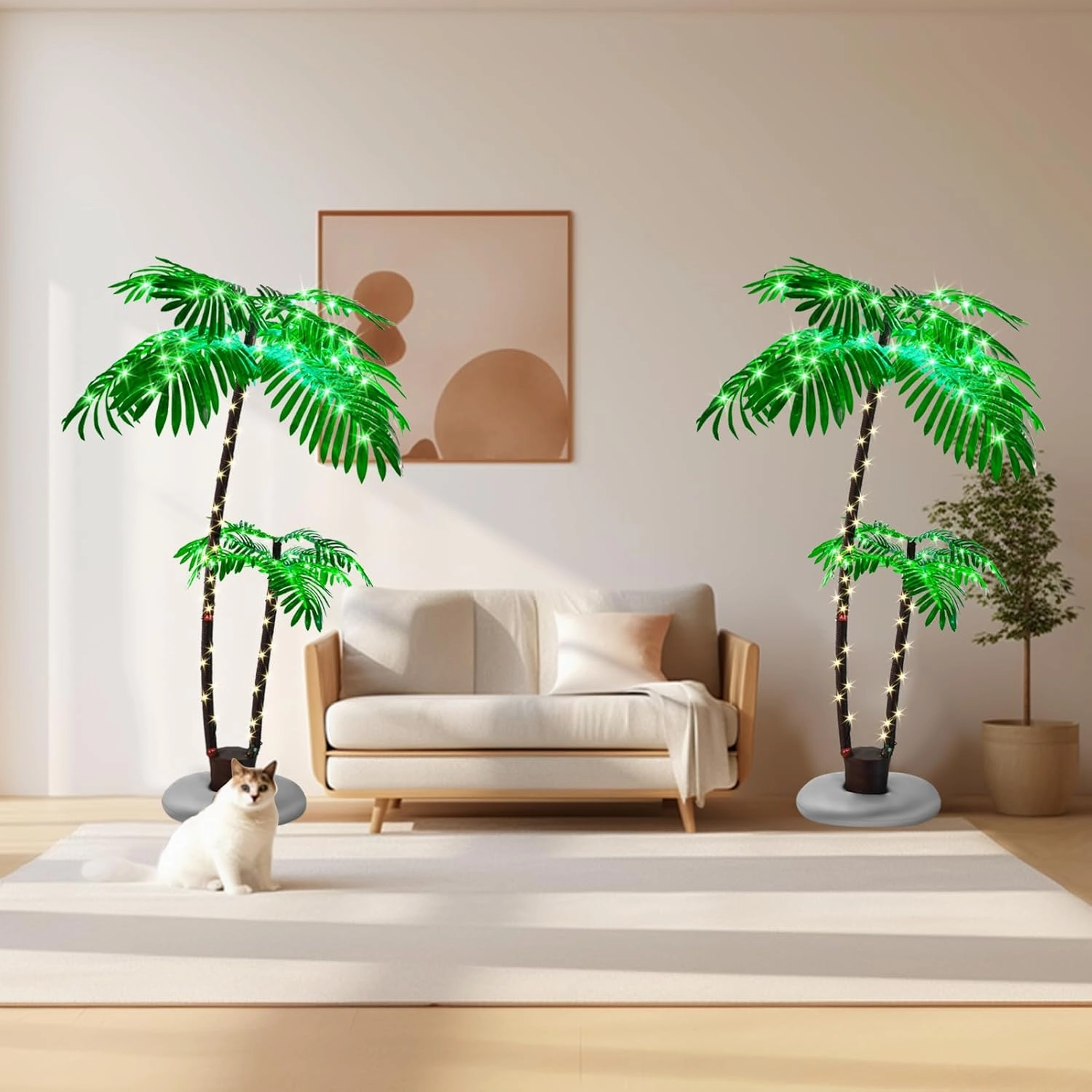 Artificial Lighted Palm Tree, Light Up Tropical Fake Palm Tree for Indoor, Outdoor, Christmas, Hawaiian, Jungle, Home Party, Pool, Patio Decor (6FT, 2 Trunk)