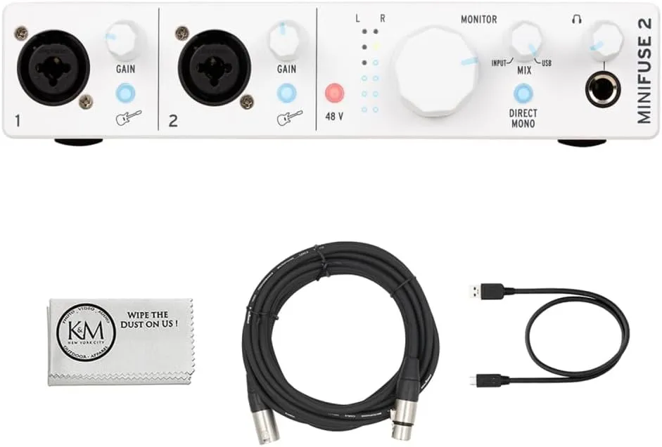 Arturia MiniFuse 2 Portable 2x2 USB Type-C Audio/MIDI Interface | White Bundle with 20ft XLR Cable   Microfiber Cleaning Cloth (3 Items)