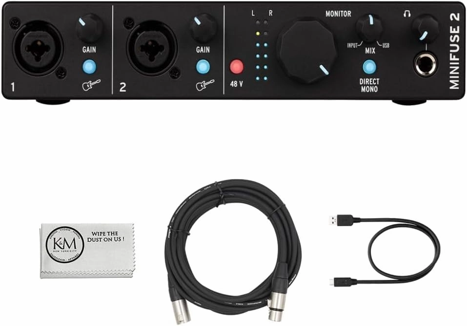 Arturia MiniFuse 2 Portable 2x2 USB Type-C Audio/MIDI Interface | Black Bundle with 20ft XLR Cable   Microfiber Cleaning Cloth (3 Items)