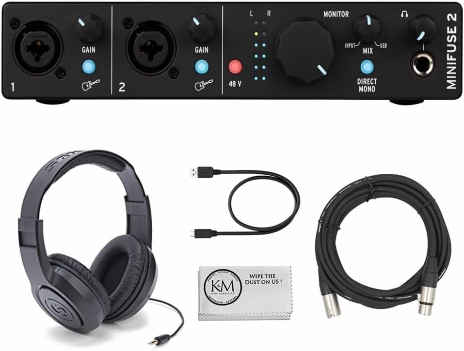 Arturia MiniFuse 2 Portable 2x2 USB Type-C Audio/MIDI Interface | Black Bundle with 20ft XLR Microphone Cable   Over-Ear Stereo Headphones   Microfiber Cleaning Cloth (4 Items)