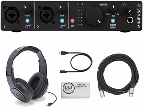 Arturia MiniFuse 2 Portable 2x2 USB Type-C Audio/MIDI Interface | Black Bundle with 20ft XLR Microphone Cable   Over-Ear Stereo Headphones   Microfiber Cleaning Cloth (4 Items)