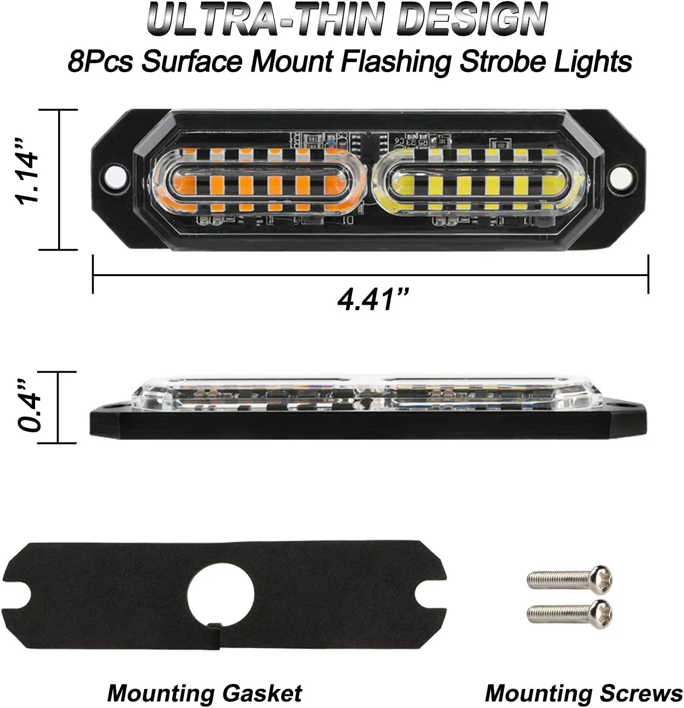 ASPL 8pcs Sync Feature Ultra Slim 12-LED Surface Mount Flashing Strobe Lights for Truck Car Vehicle LED Mini Grille Light Head Emergency Beacon Hazard Warning lights (Amber/White)