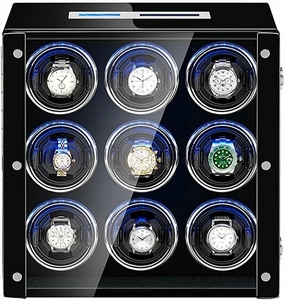 Automatic Watch Winder 9 0 with Quiet Motor 15 Rotation Modes Blue Led Light LCD Display Touchscreen Remote Control Ac Adapter Powered