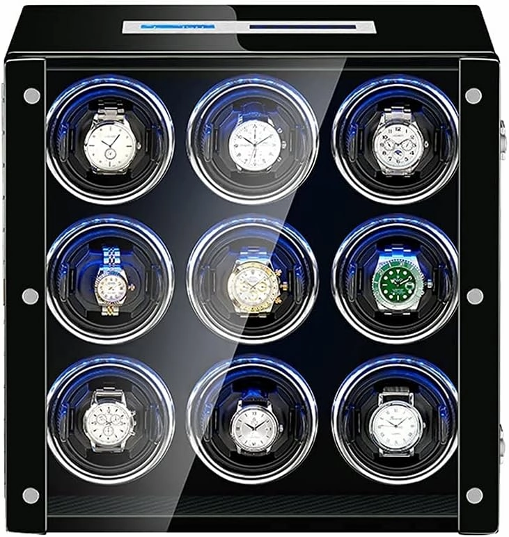 Automatic Watch Winder 9 0 with Quiet Motor 15 Rotation Modes Blue Led Light LCD Display Touchscreen Remote Control Ac Adapter Powered