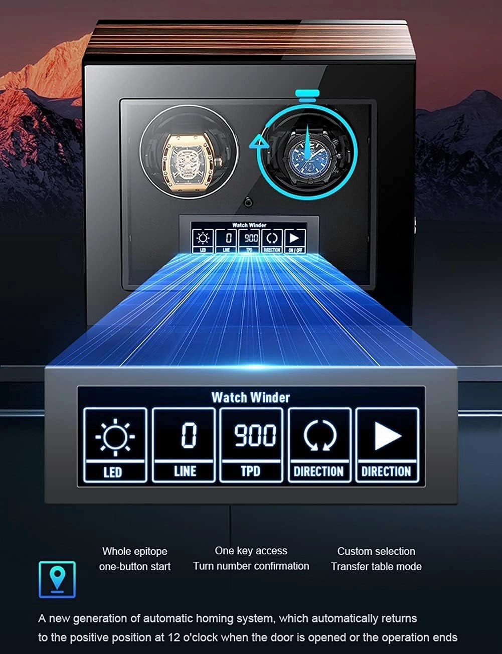 Automatic Watch Winder Box with Quietmotor and 15 Rotation Modes Led Illumination Remote Control LCD Display,2 0