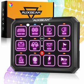 Auxbeam 12 Gang Switch Panel RGB RB120 Toggle Momentary Pulsed Dimmable Backlight Multifunction Switch Panel Two Sided Output for 12-24V Truck Offroad UTV ATV Car Marine Waterproof 2 Years Warranty