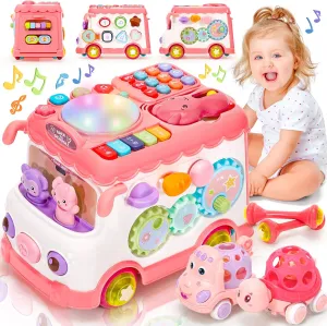 Baby Gift for 1-2 Year Old Girl, 10-in-1 Montessori Toys Bus for Baby 6-12-18 Months , Educational Musical Sensory Learning Toddler Toys Age 1-2, First Christmas and Birthday Gifts Pink