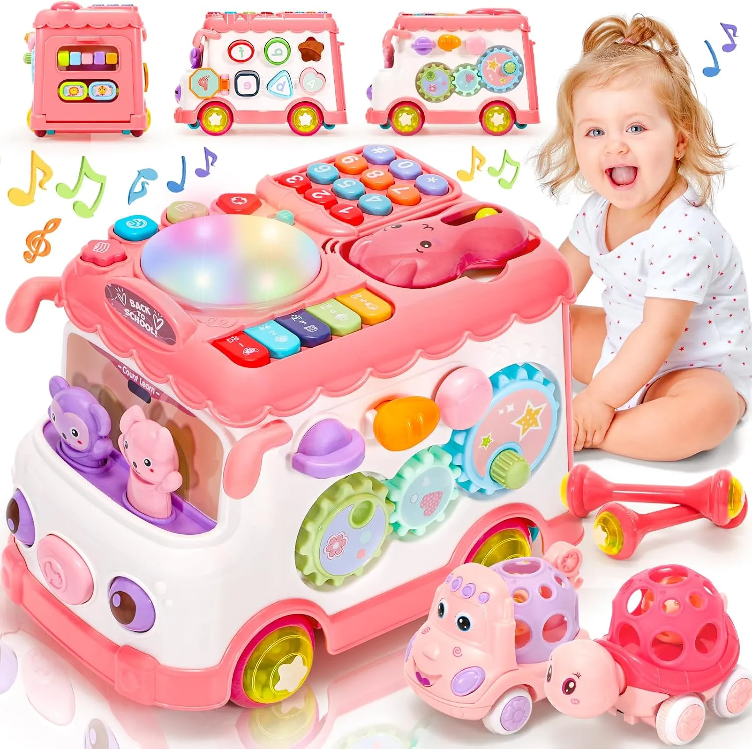 Baby Gift for 1-2 Year Old Girl, 10-in-1 Montessori Toys Bus for Baby 6-12-18 Months , Educational Musical Sensory Learning Toddler Toys Age 1-2, First Christmas and Birthday Gifts Pink