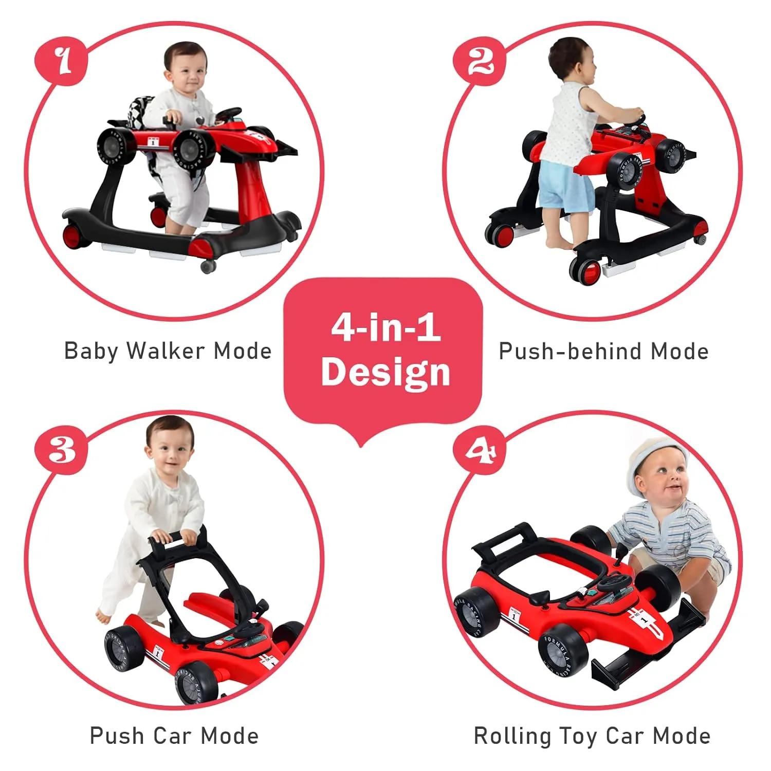 BABY JOY 4-in-1 Baby Walker, Foldable Activity Walker with Adjustable Height & Speed, Music, Lights, Anti-Rollover, Toddler Push Walker, Baby Walker with Wheels for Boys Girls 6-18 Months (Red)
