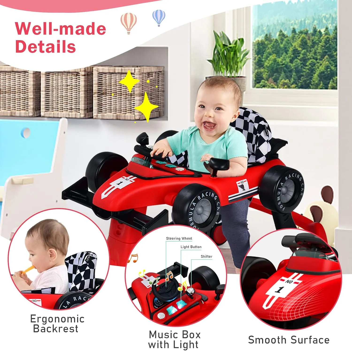 BABY JOY 4-in-1 Baby Walker, Foldable Activity Walker with Adjustable Height & Speed, Music, Lights, Anti-Rollover, Toddler Push Walker, Baby Walker with Wheels for Boys Girls 6-18 Months (Red)
