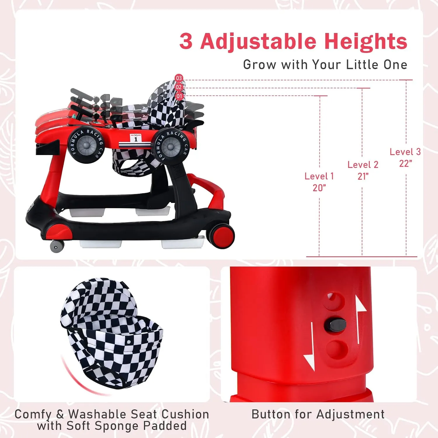 BABY JOY 4-in-1 Baby Walker, Foldable Activity Walker with Adjustable Height & Speed, Music, Lights, Anti-Rollover, Toddler Push Walker, Baby Walker with Wheels for Boys Girls 6-18 Months (Red)