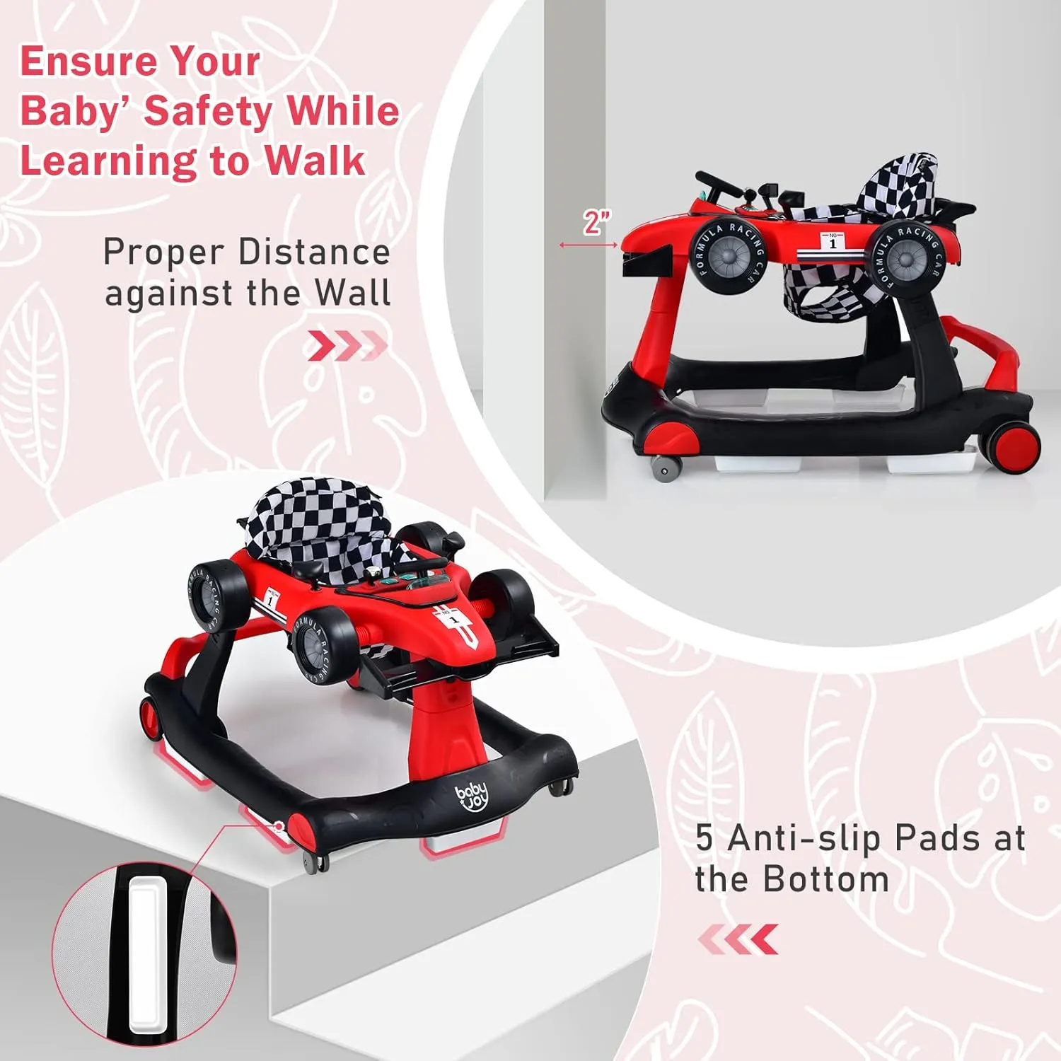 BABY JOY 4-in-1 Baby Walker, Foldable Activity Walker with Adjustable Height & Speed, Music, Lights, Anti-Rollover, Toddler Push Walker, Baby Walker with Wheels for Boys Girls 6-18 Months (Red)