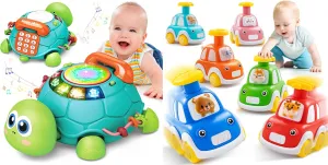 Baby Toys 6 to 12 Months, Musical Turtle Crawling Baby Toys for 12-18 Months, Press and Go Car Toddlers Toys for 1-2 Year Old Boy, 6 Pack Animal Baby Cars Toys for Age 0-2