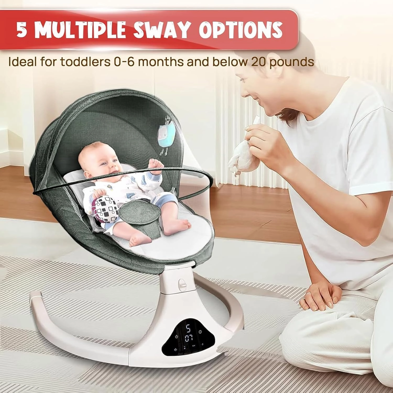 Baby Swing for Infants to Toddler| Portable Infant Swing with Remote Control, Rocker for Newborn with 5 Speeds, 3-Point Harness for Baby Boy Girl (Green)