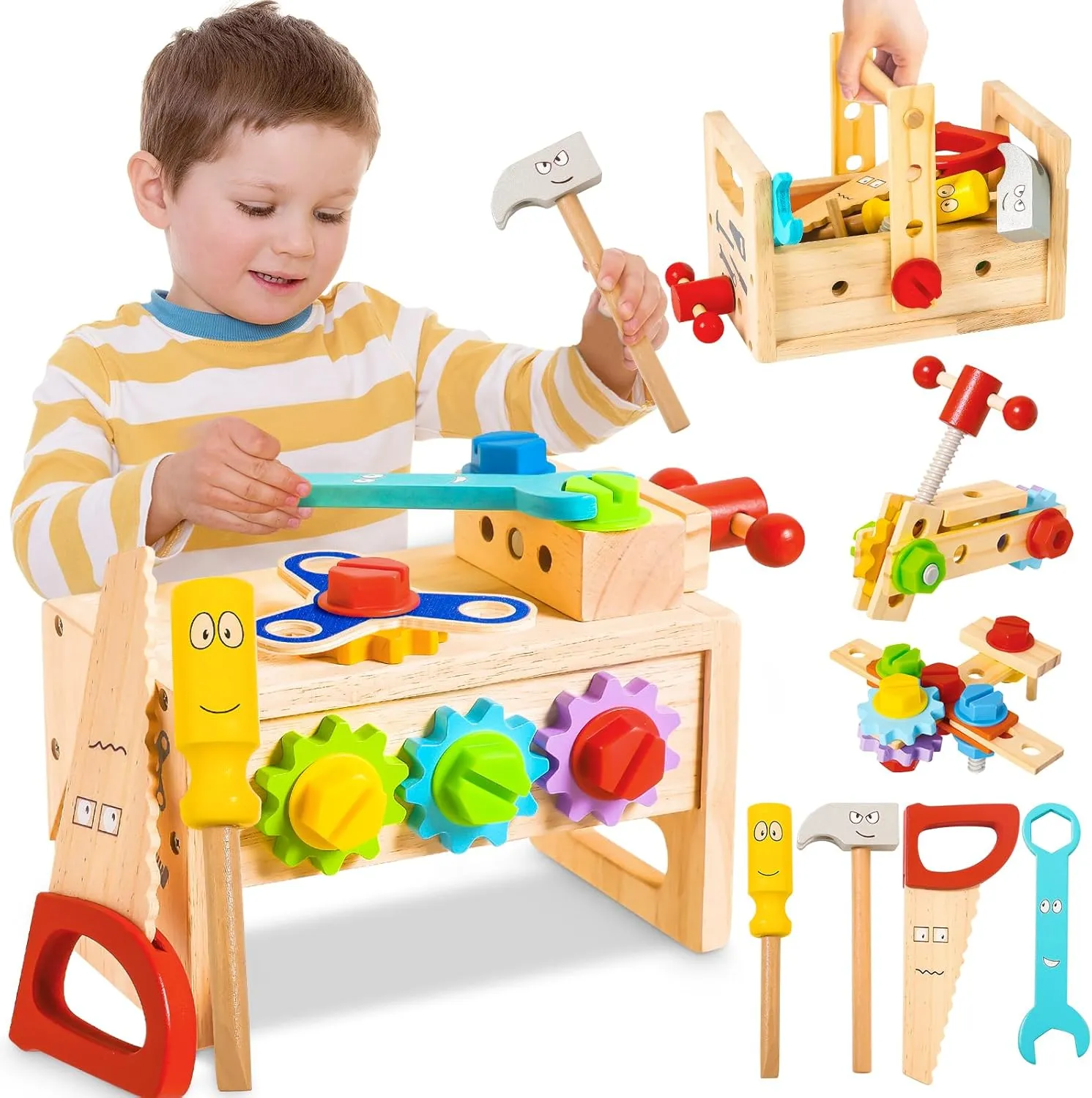 BAODLON 36-Piece Wooden Tool Set for Kids - Tool Box, Montessori STEM Toys for Toddlers 2-5 Years Old - Christmas or Birthday Gift