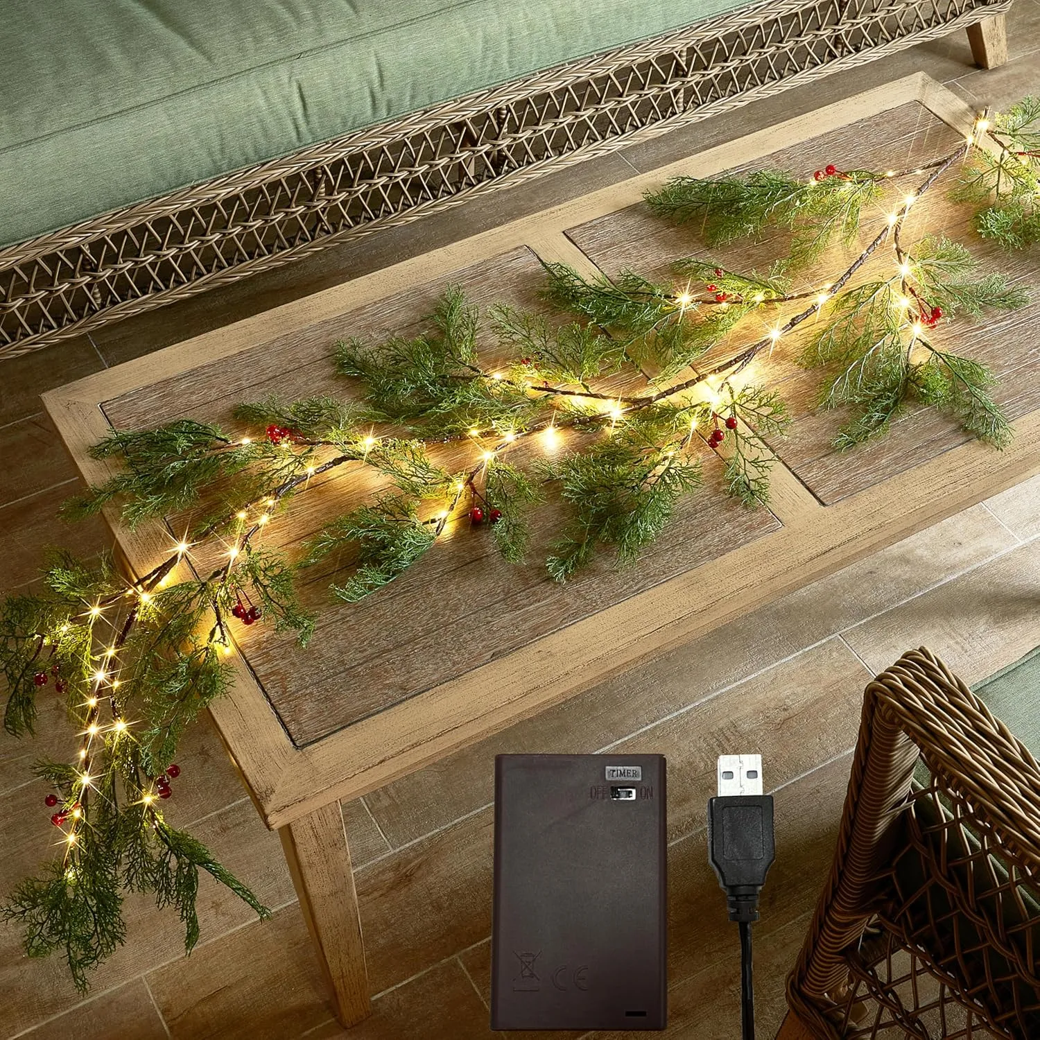 BAOLITVINE Lighted Pine Garland with Red Berry, 6FT Christmas Garland with 80 Fairy Lights Pine Cypress Garland for Christmas Holiday Home Fireplace Decorations