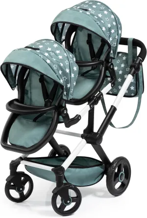 Bayer Design Dolls: Pram Xeo Twin - Green & White Stars - Seats 2 Dolls Up to 18", Shoulder Bag, Adjustable Handle, Foldable, Kids Toy, Ages 3 