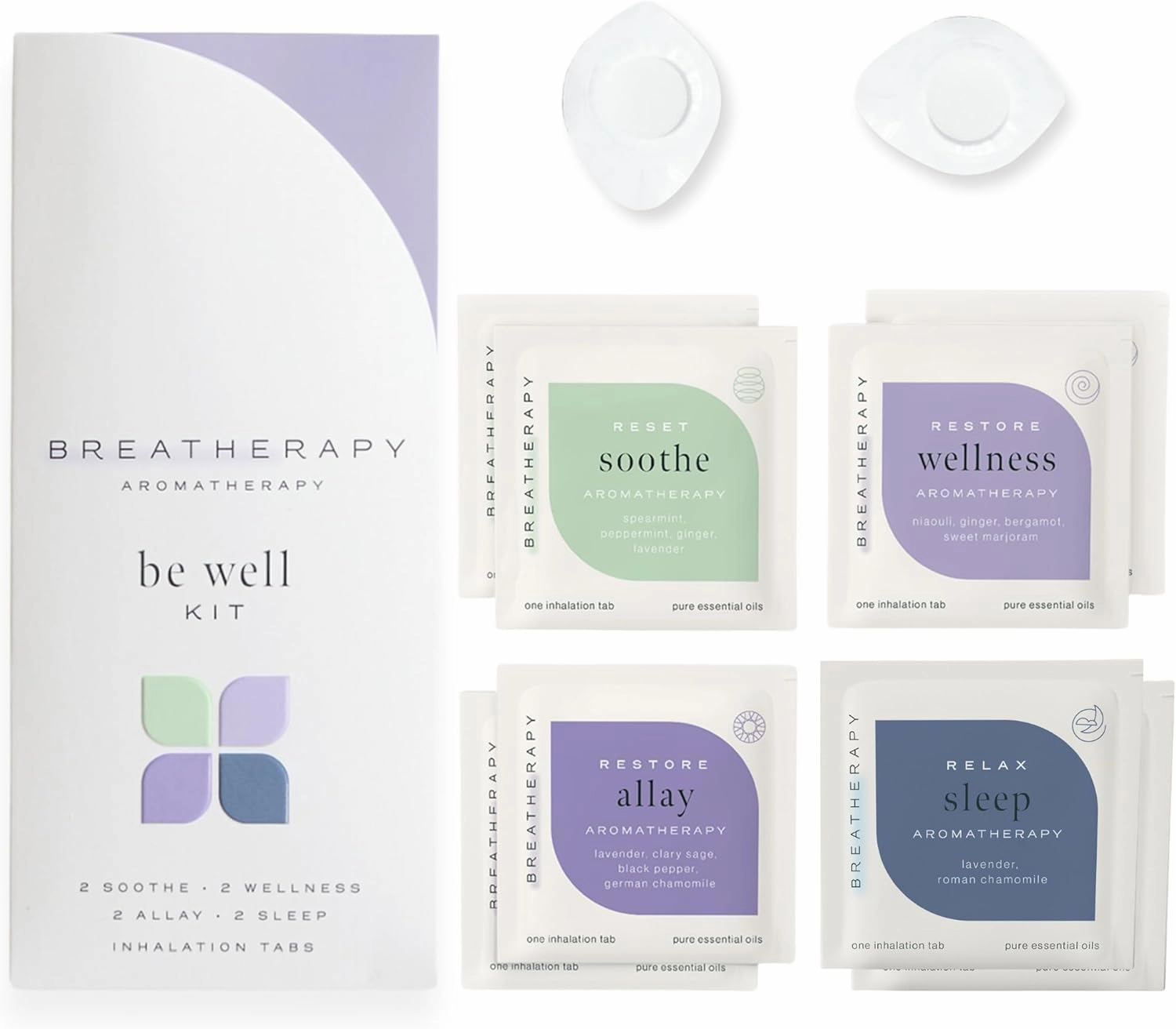 Be Well Kit | Pure Essential Oil Aromatherapy Inhalation Tabs | Wellness, Allay, Soothe and Sleep Patches | 8-Pack