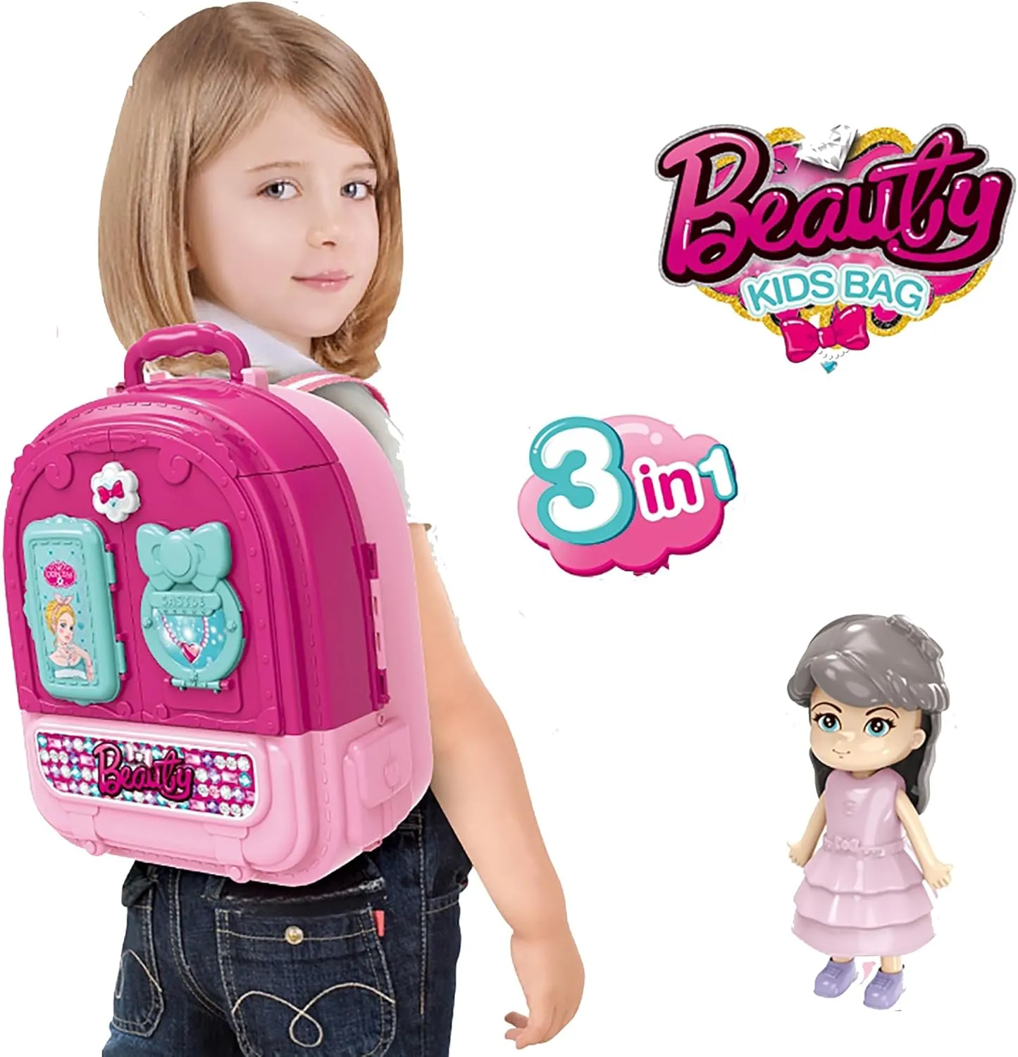 Beauty Vanity Backpack Toy — 3 in 1 Makeup Playset, Dollhouse & Carry Case with Mirror, Accessories & Hair Tools, Pretend Beauty Kit for Girls Ages 3 