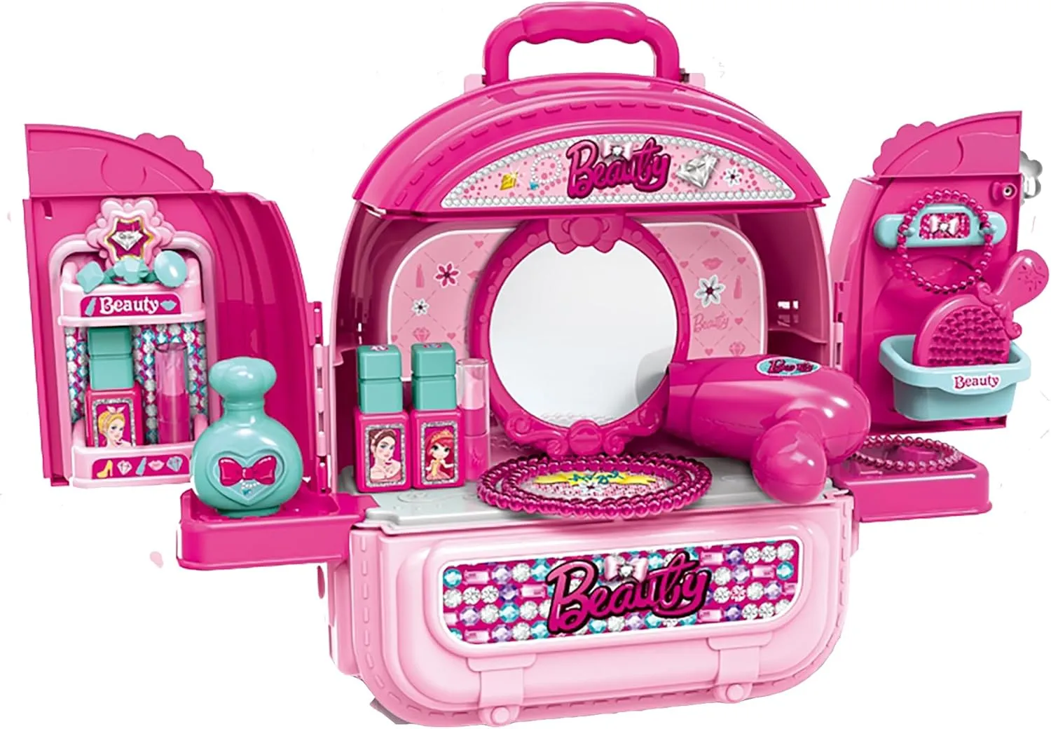 Beauty Vanity Backpack Toy — 3 in 1 Makeup Playset, Dollhouse & Carry Case with Mirror, Accessories & Hair Tools, Pretend Beauty Kit for Girls Ages 3 