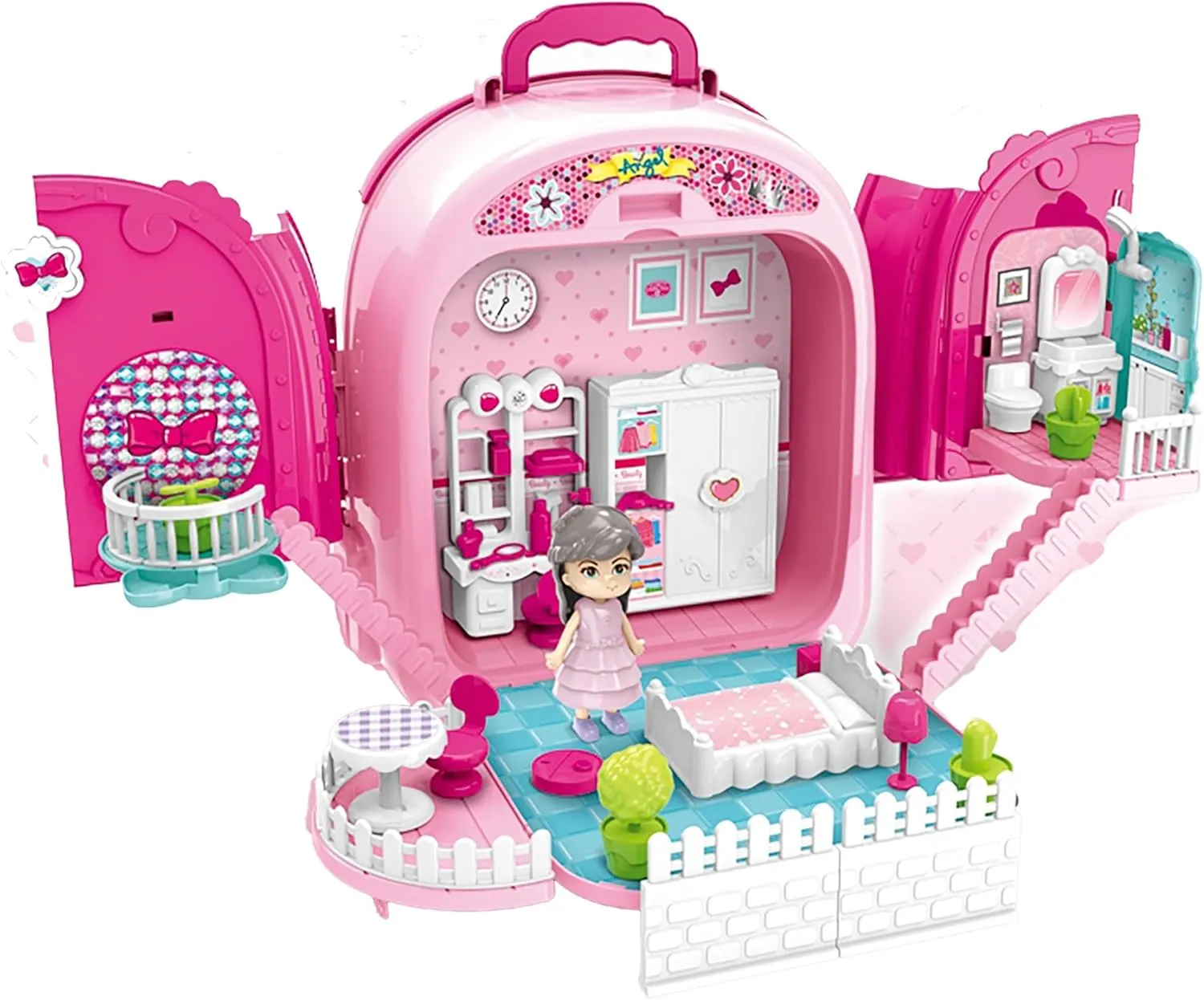 Beauty Vanity Backpack Toy — 3 in 1 Makeup Playset, Dollhouse & Carry Case with Mirror, Accessories & Hair Tools, Pretend Beauty Kit for Girls Ages 3 