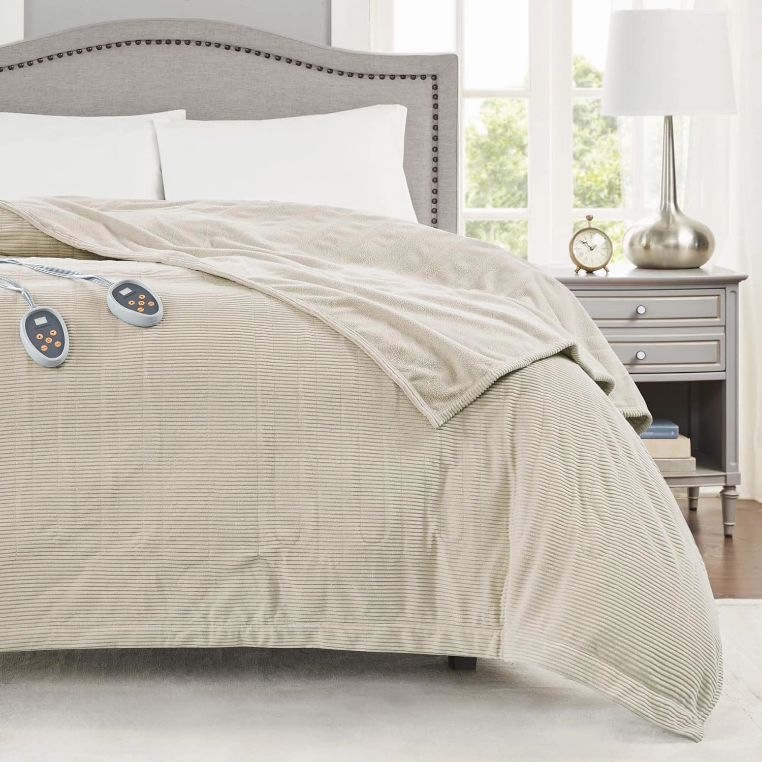 Beautyrest Electric Blanket Luxurious Micro Fleece Ultra Soft Ribbed Textured, Cozy and Snuggly Cover for Cold Weather, Fast Heating, Auto Shut Off, 20 Level Heat Setting Controller, Full, Beige