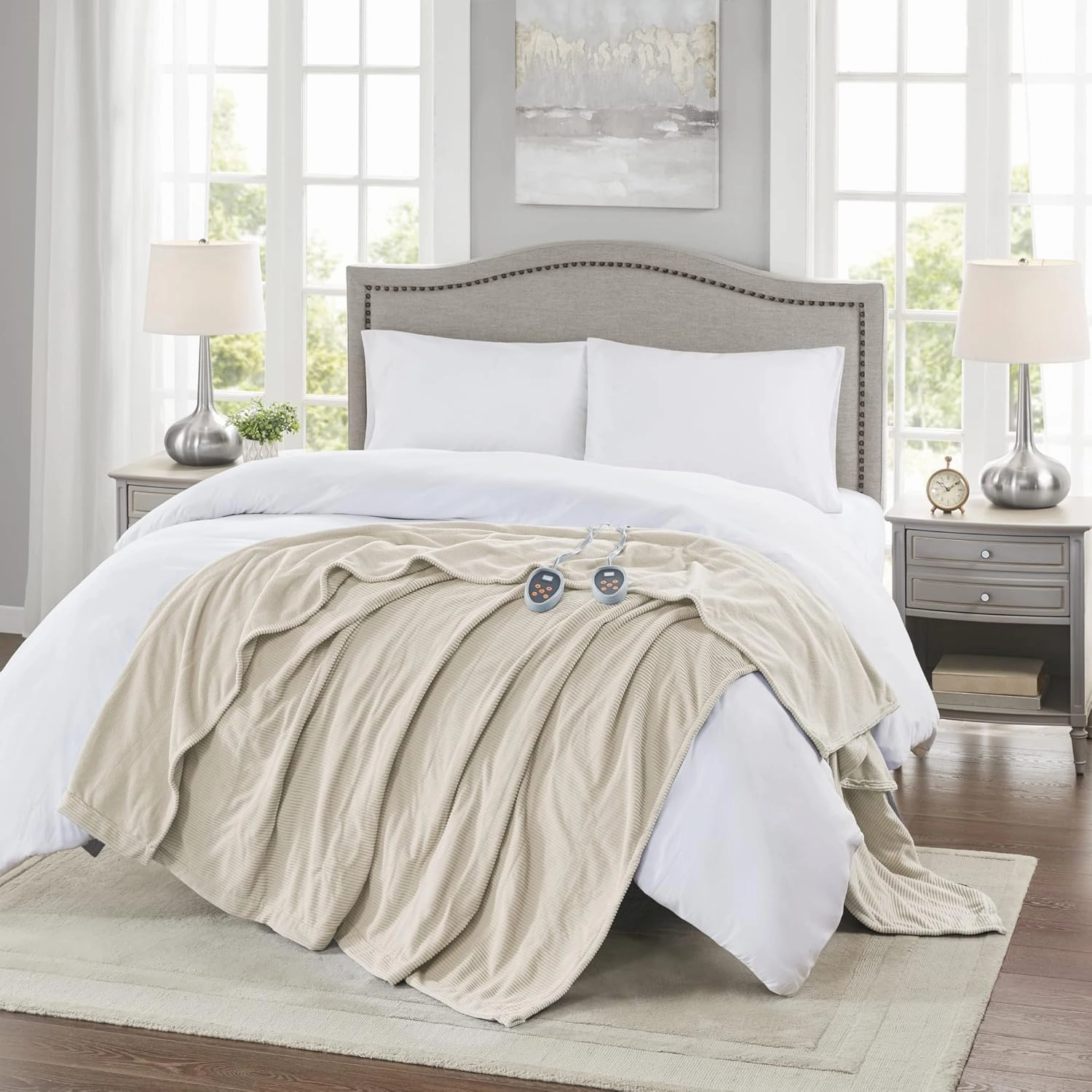 Beautyrest Electric Blanket Luxurious Micro Fleece Ultra Soft Ribbed Textured, Cozy and Snuggly Cover for Cold Weather, Fast Heating, Auto Shut Off, 20 Level Heat Setting Controller, Full, Beige