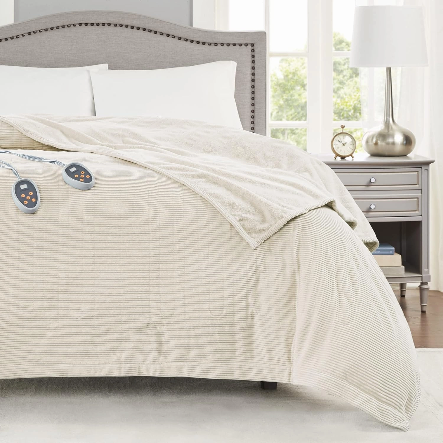 Beautyrest Electric Blanket Luxurious Micro Fleece Ultra Soft Ribbed Textured, Cozy and Snuggly Cover for Cold Weather, Fast Heating, Auto Shut Off, 20 Level Heat Setting Controller, Full, Ivory
