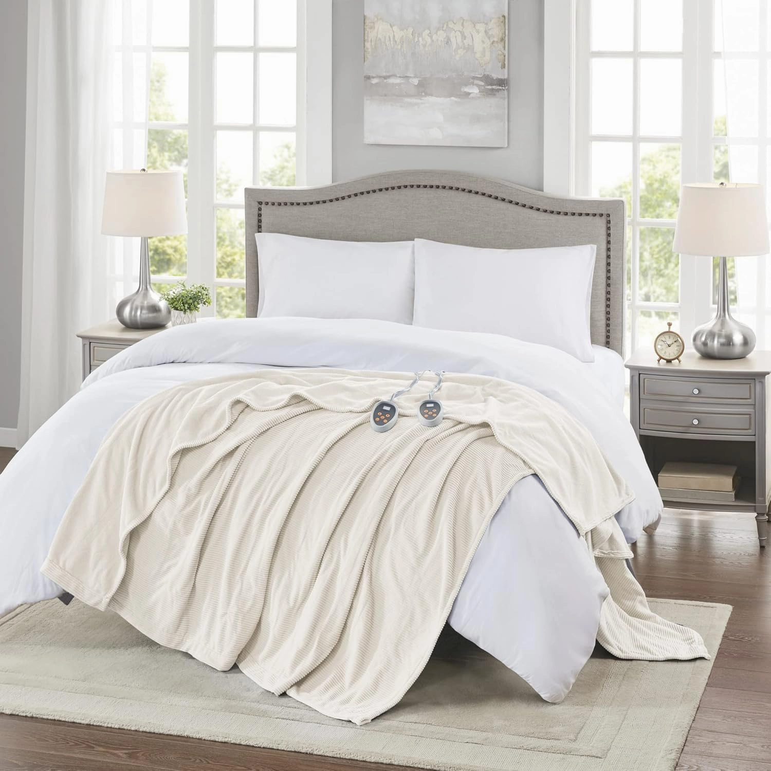 Beautyrest Electric Blanket Luxurious Micro Fleece Ultra Soft Ribbed Textured, Cozy and Snuggly Cover for Cold Weather, Fast Heating, Auto Shut Off, 20 Level Heat Setting Controller, Full, Ivory
