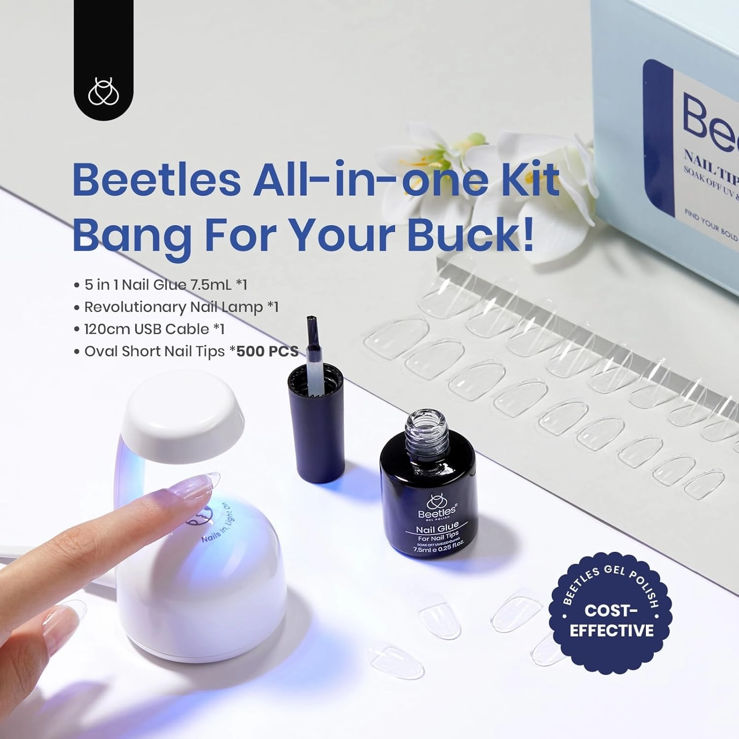 Beetles Gel Nail Kit Oval: 500Pcs Easy Extension Set, Clear Short Tips, 5 in 1 Multipurpose Glue Gel Base, UV LED Lamp for DIY Nail Art