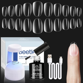 Beetles Gel Nail Kit Oval: 500Pcs Easy Extension Set, Clear Short Tips, 5 in 1 Multipurpose Glue Gel Base, UV LED Lamp for DIY Nail Art