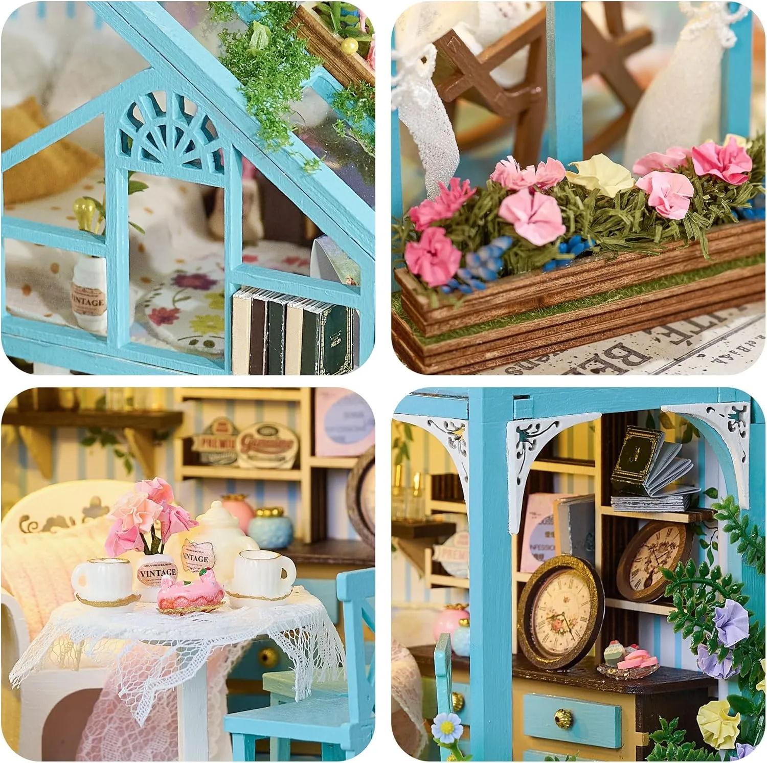 BenBen DIY Miniature House Kit, Garden Tea House Model Craft Kits for Adults, Teens, Mini House Building Kit with Furniture, LED Lights, Dollhouse Diorama to Build for Home Décor