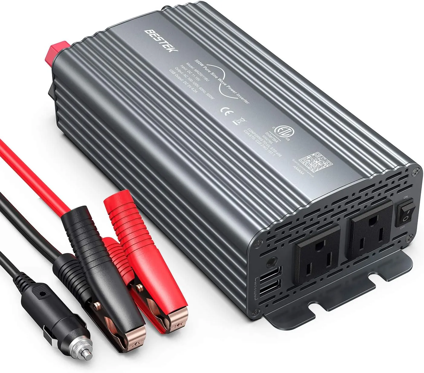 BESTEK 500W Pure Sine Wave Power Inverter DC 12V to 110V AC Car Plug Inverter Adapter Power Converter with 4.2A Dual USB Charging Ports and 2 AC Outlets Car Charger, ETL Listed, Grey