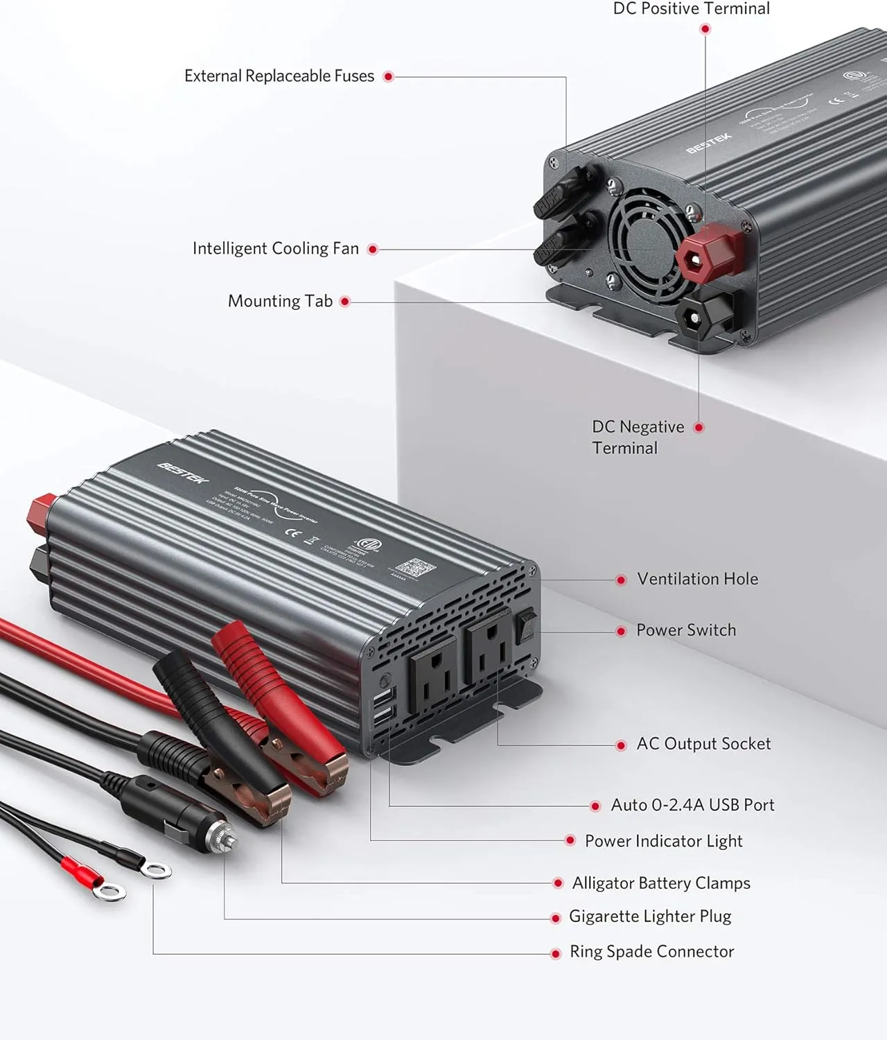 BESTEK 500W Pure Sine Wave Power Inverter DC 12V to 110V AC Car Plug Inverter Adapter Power Converter with 4.2A Dual USB Charging Ports and 2 AC Outlets Car Charger, ETL Listed, Grey