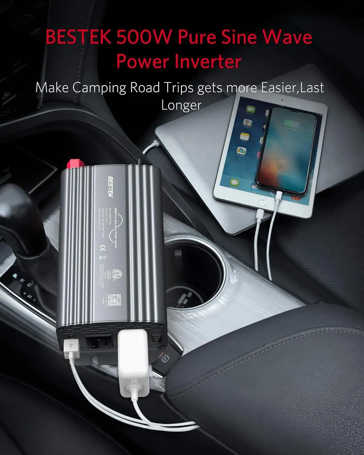 BESTEK 500W Pure Sine Wave Power Inverter DC 12V to 110V AC Car Plug Inverter Adapter Power Converter with 4.2A Dual USB Charging Ports and 2 AC Outlets Car Charger, ETL Listed, Grey