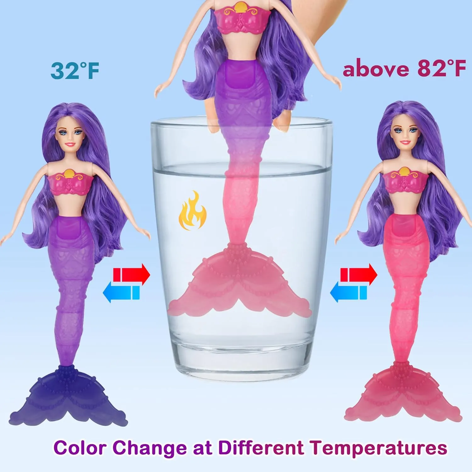 BETTINA Color Change Mermaid Doll Playset, Mermaid Princess Doll with Color-Changing Tail, Mermaid Toys with Seahorse & Accessories, Purple Hair