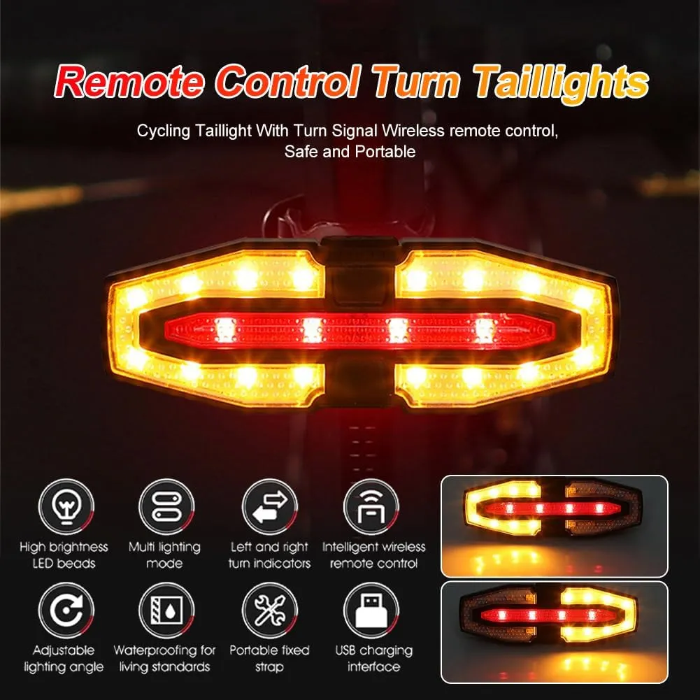 Bike Tail Light with Turn Signals Wireless Remote Control Waterproof Bicycle Rear Light Back USB Rechargeable Ultra Bright Safety Warning Cycling Taillight for Night Riding