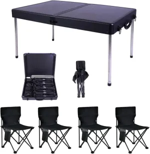 Black Folding Picnic Table with airs Set of 5, Aluminum Table air Set for up to 4 Persons, Portable Lightweight Foldable Table and airs for Outdoor Camping Dining