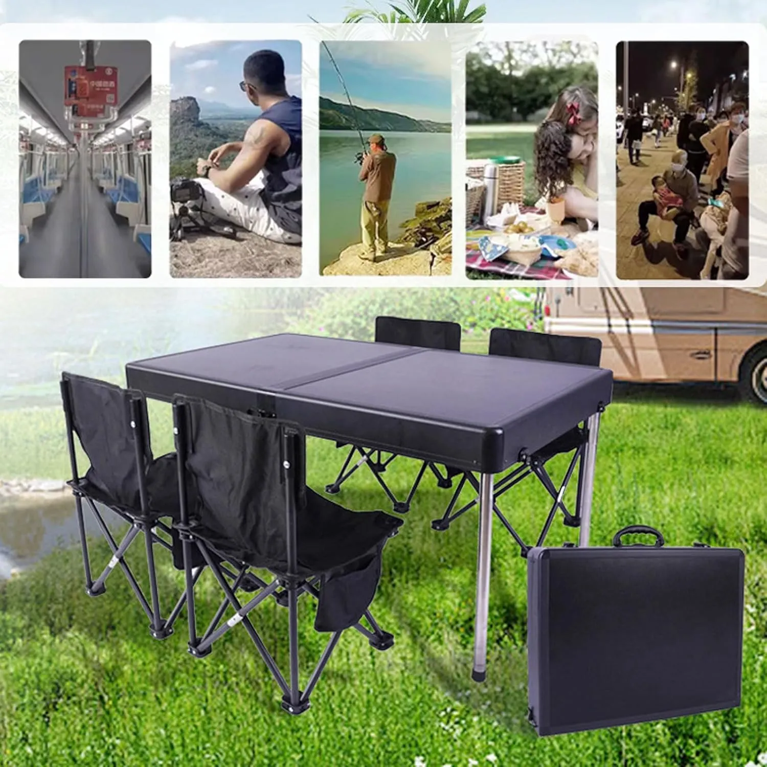 Black Folding Picnic Table with airs Set of 5, Aluminum Table air Set for up to 4 Persons, Portable Lightweight Foldable Table and airs for Outdoor Camping Dining